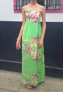 Maxi Vestido de Seda Pink/ Green Print