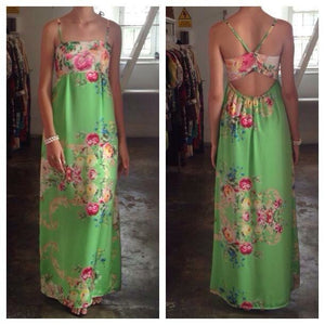 Maxi Vestido de Seda Pink/ Green Print